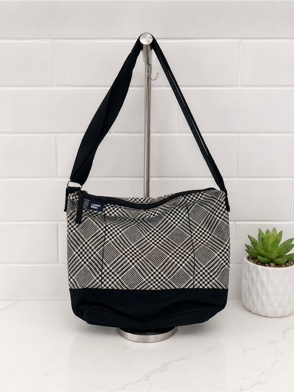 Lands' End Black and White Plaid Shoulder Bag with Black Trim
